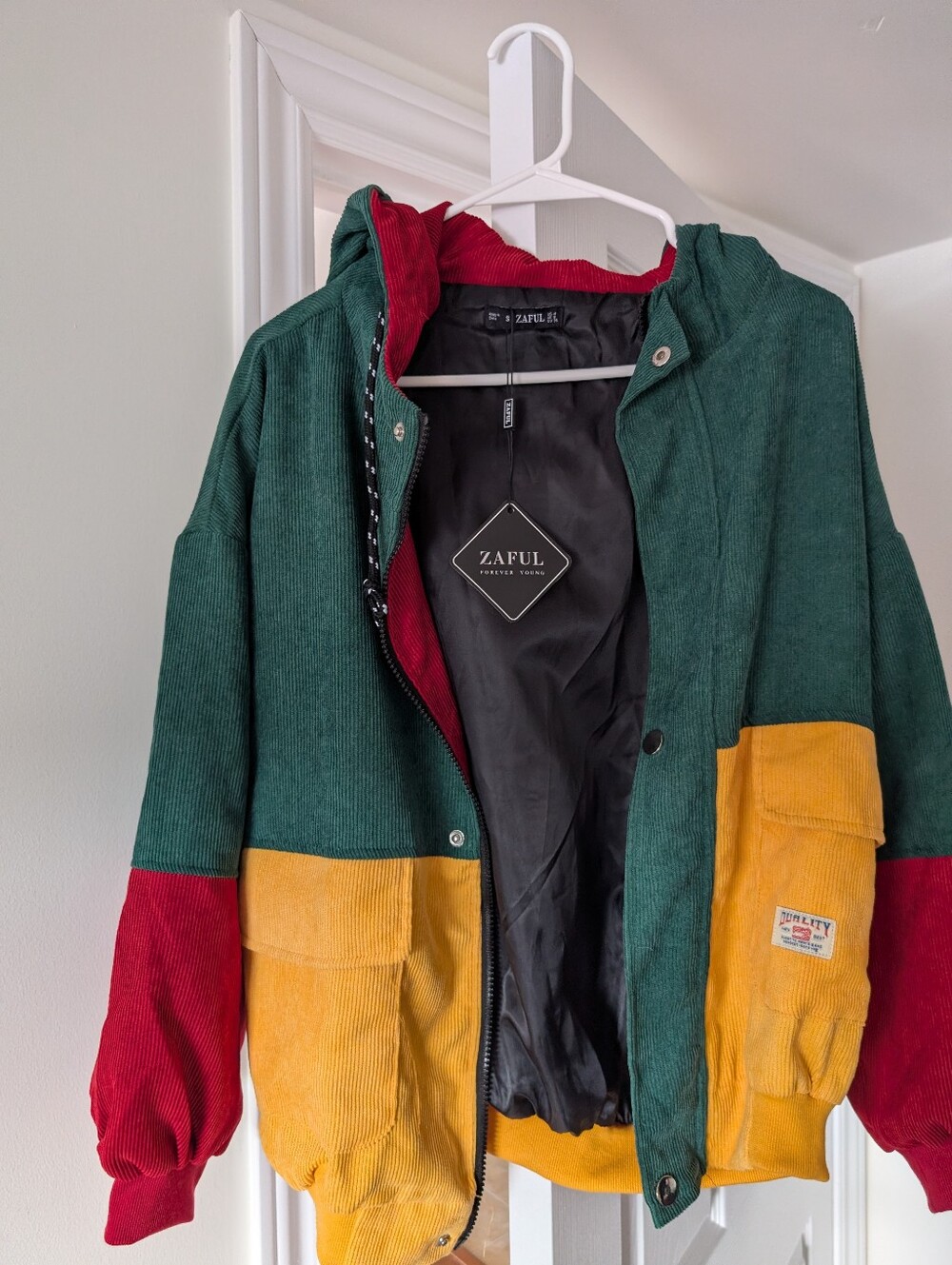 ZAFUL Colorblock Corduroy Bomber Jacket in Green, Red & Yellow